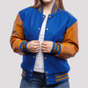 Sarah Royal Blue Wool Body & Old Gold Leather Sleeves Varsity Jacket