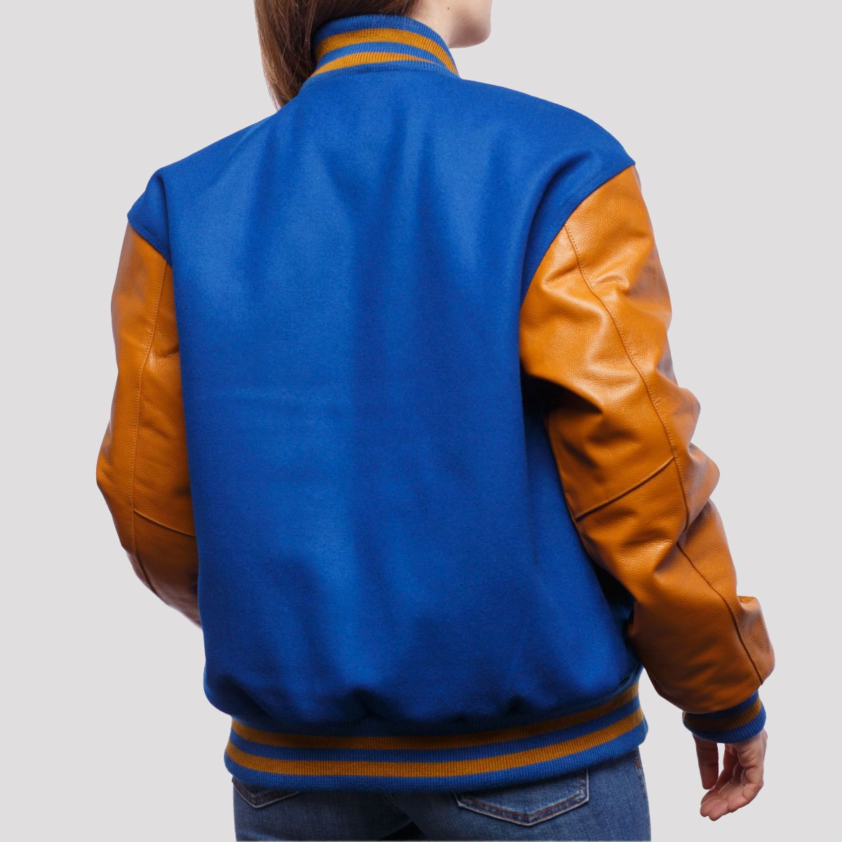 Sarah Royal Blue Wool Body & Old Gold Leather Sleeves Varsity Jacket