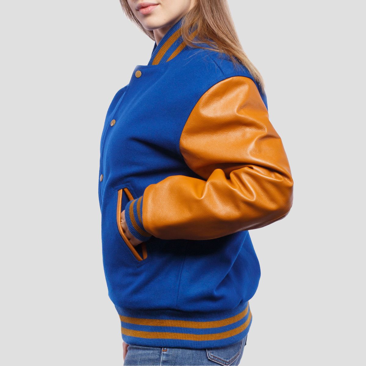 Sarah Royal Blue Wool Body & Old Gold Leather Sleeves Varsity Jacket