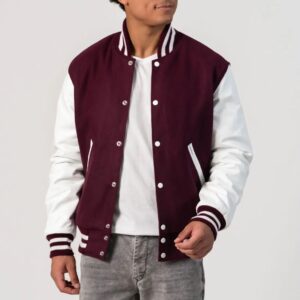 "Alexander Maroon Wool Body & White Leather Sleeves Varsity Jacket – Timeless Style & Premium Craftsmanship