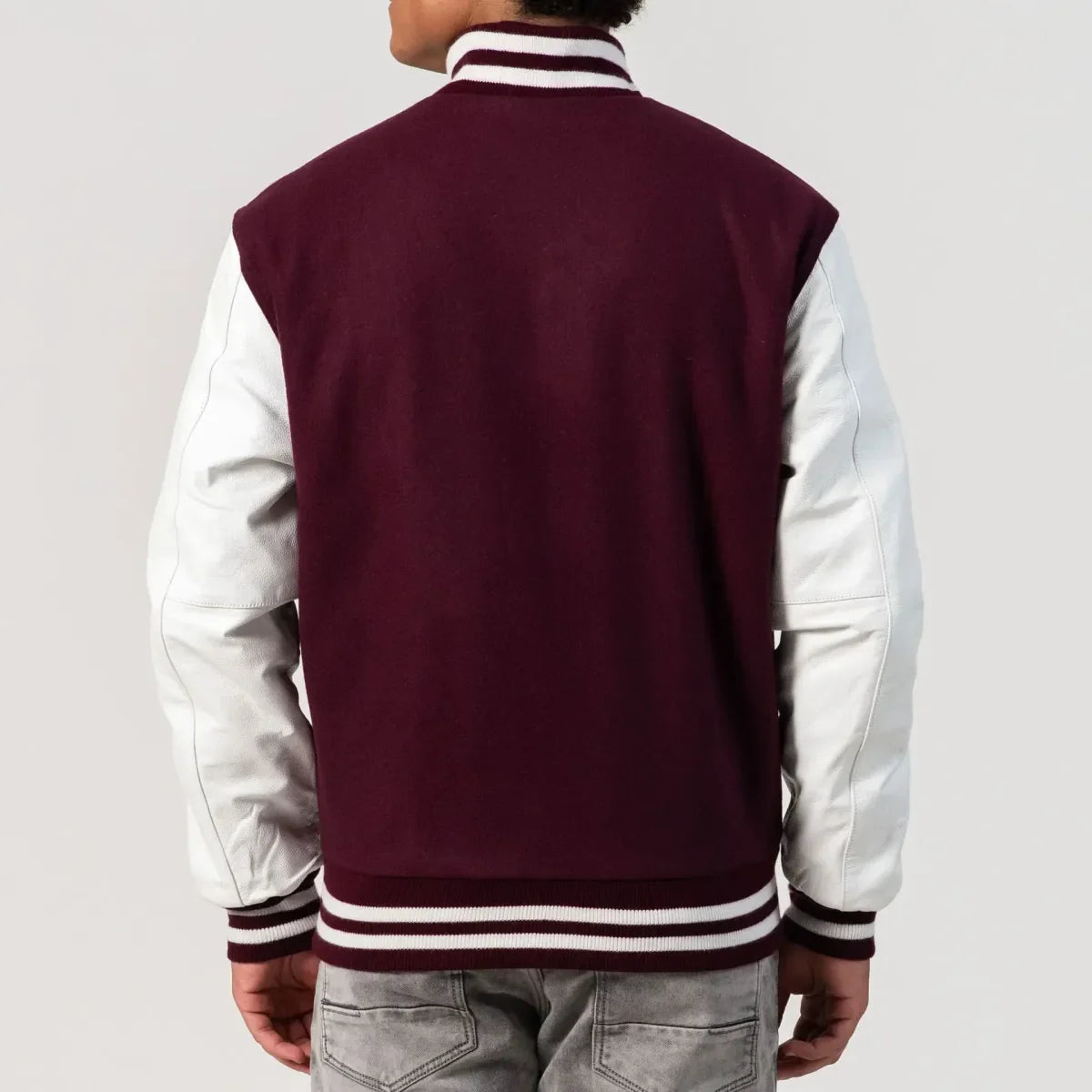 "Alexander Maroon Wool Body & White Leather Sleeves Varsity Jacket – Timeless Style & Premium Craftsmanship