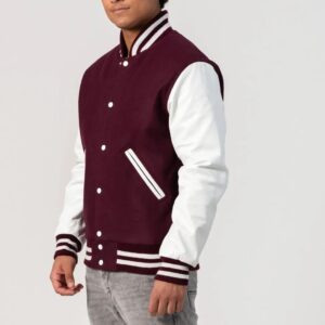 "Alexander Maroon Wool Body & White Leather Sleeves Varsity Jacket – Timeless Style & Premium Craftsmanship