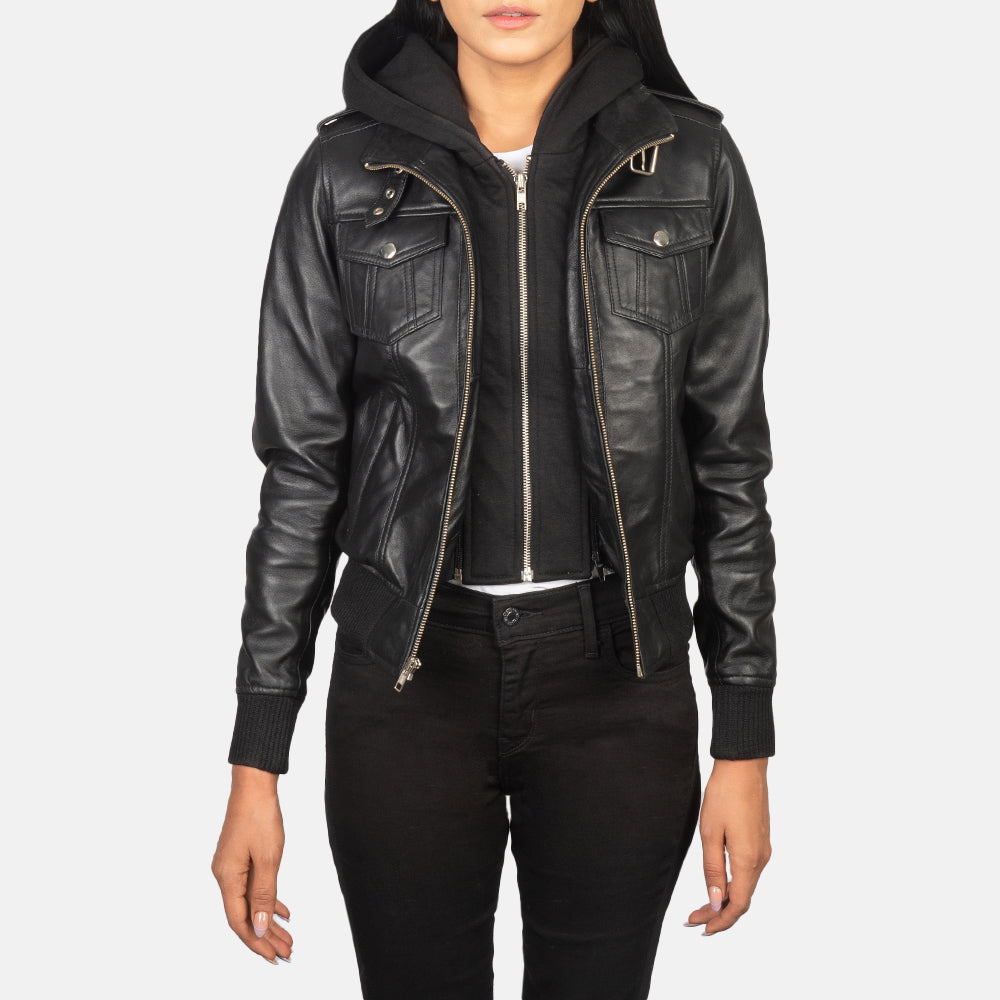 Levy Black Hooded Leather Bomber Jacket