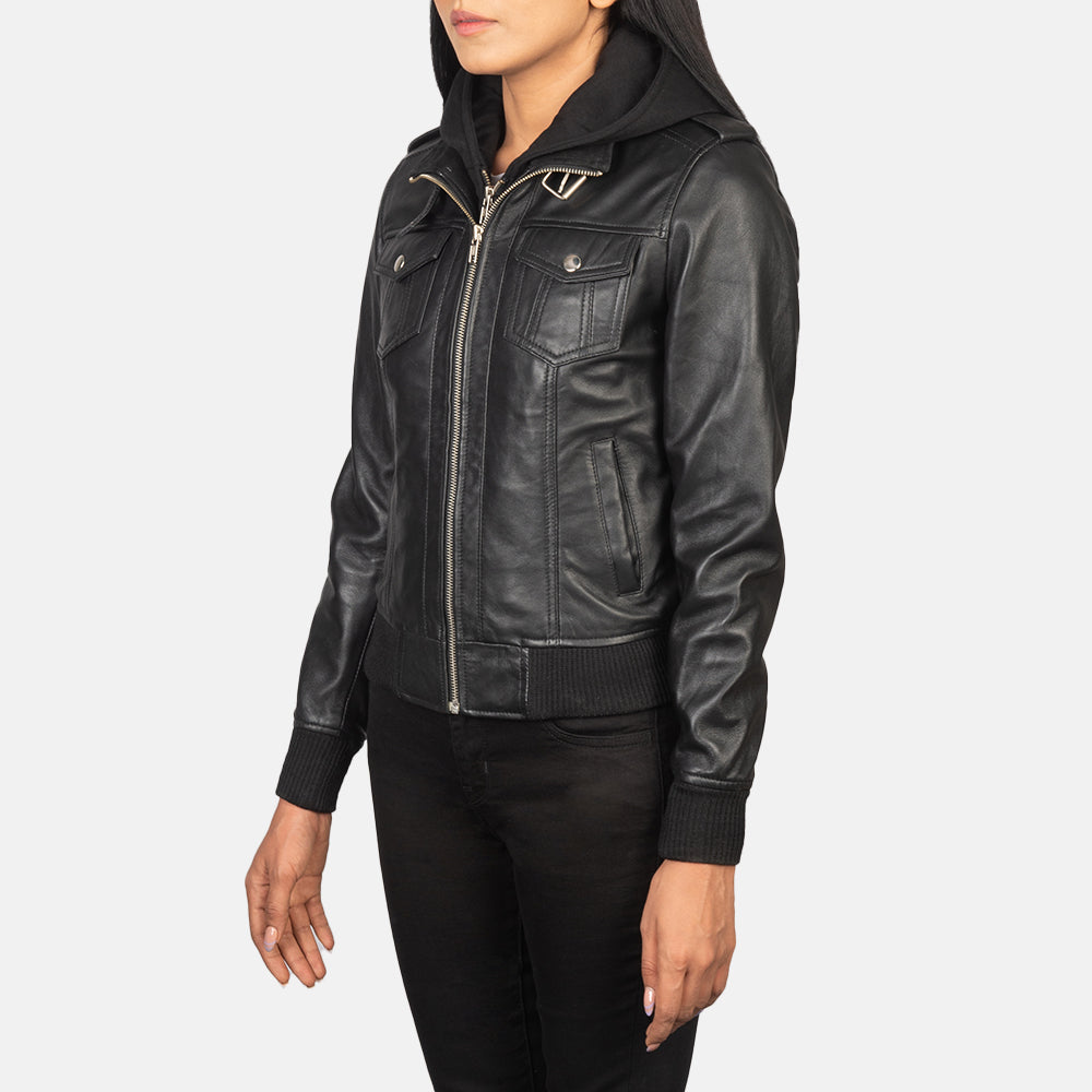 Levy Black Hooded Leather Bomber Jacket