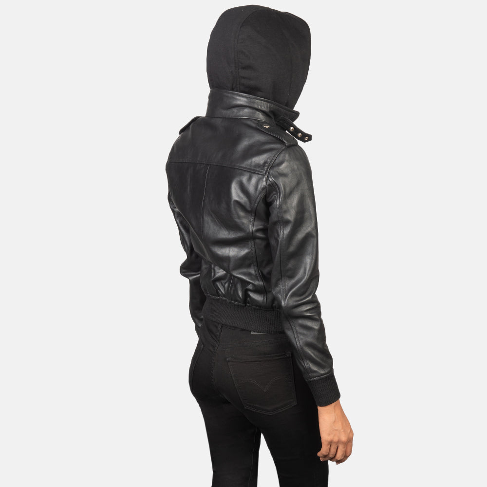 Levy Black Hooded Leather Bomber Jacket