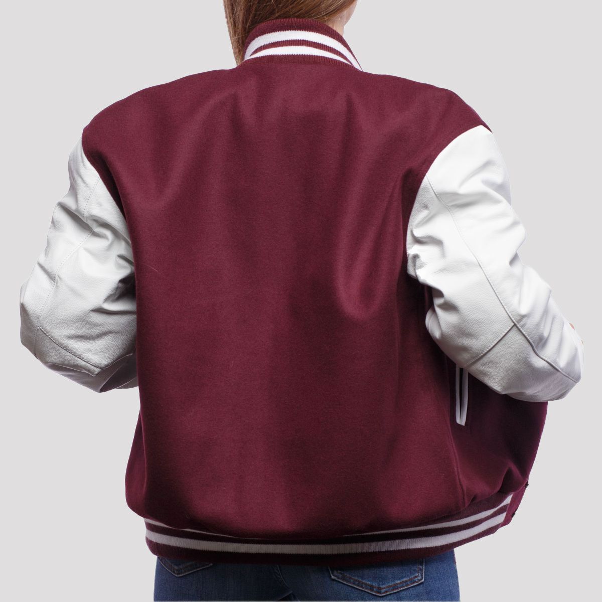 Luna Maroon Wool Body & White Leather Sleeves Varsity Jacket