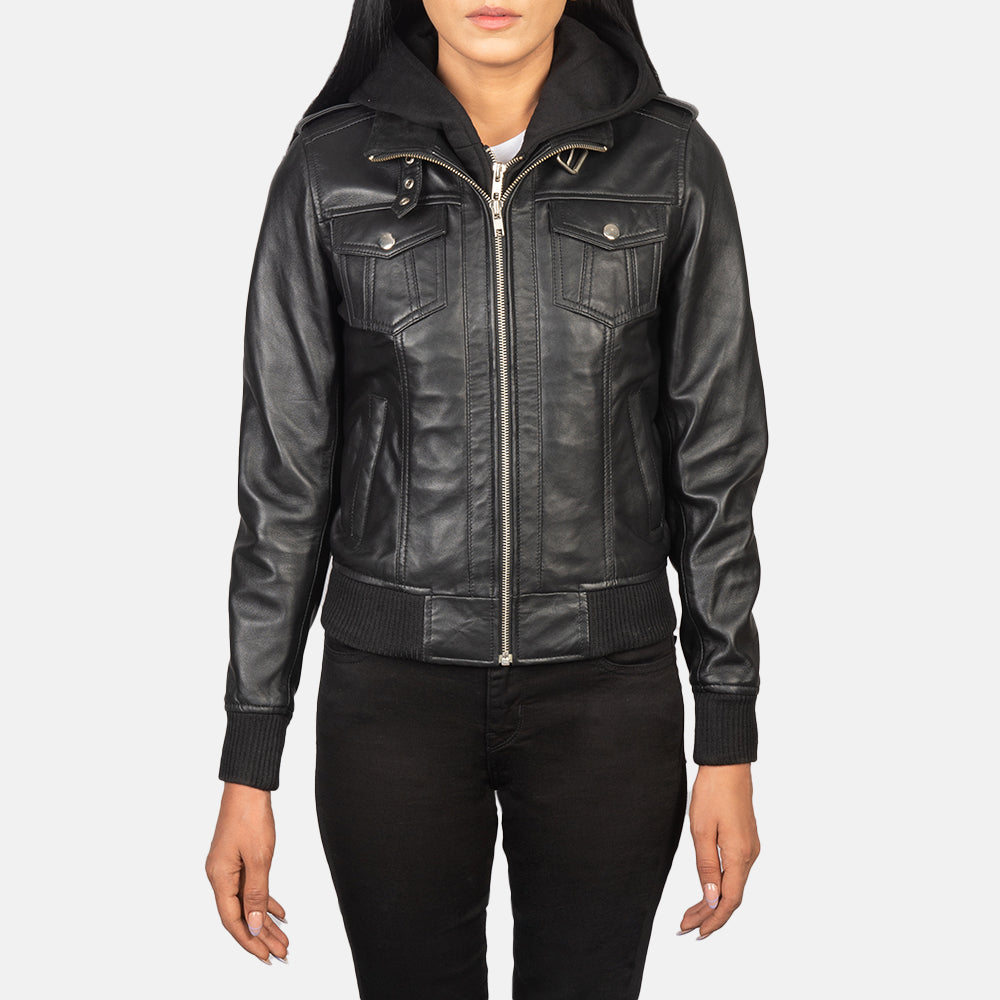 Levy Black Hooded Leather Bomber Jacket