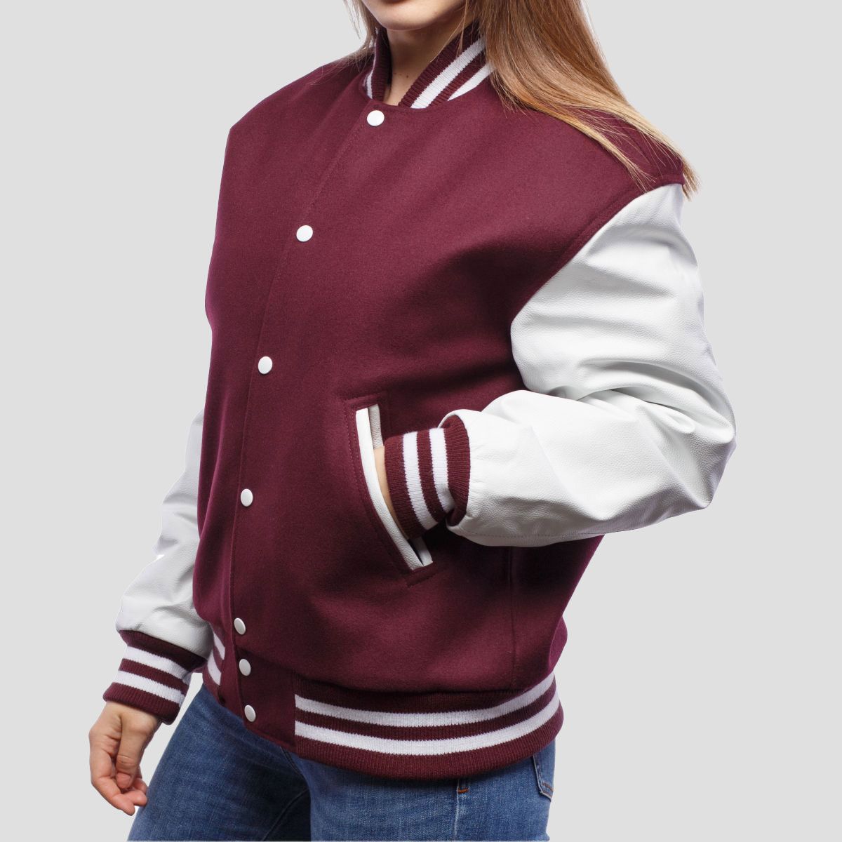 Luna Maroon Wool Body & White Leather Sleeves Varsity Jacket