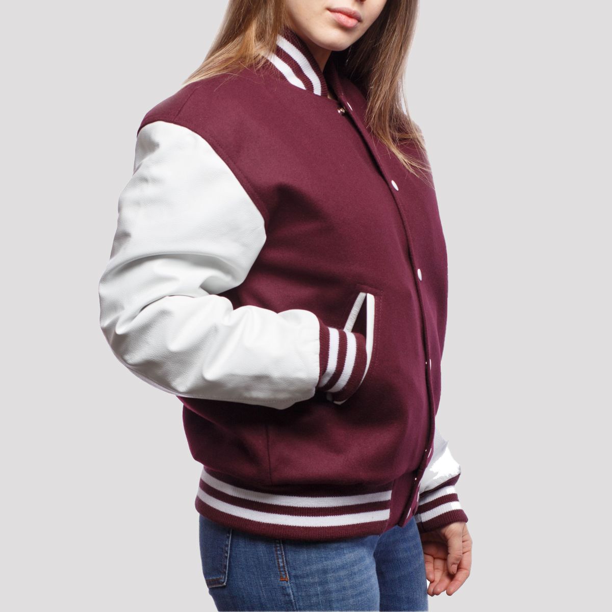 Luna Maroon Wool Body & White Leather Sleeves Varsity Jacket