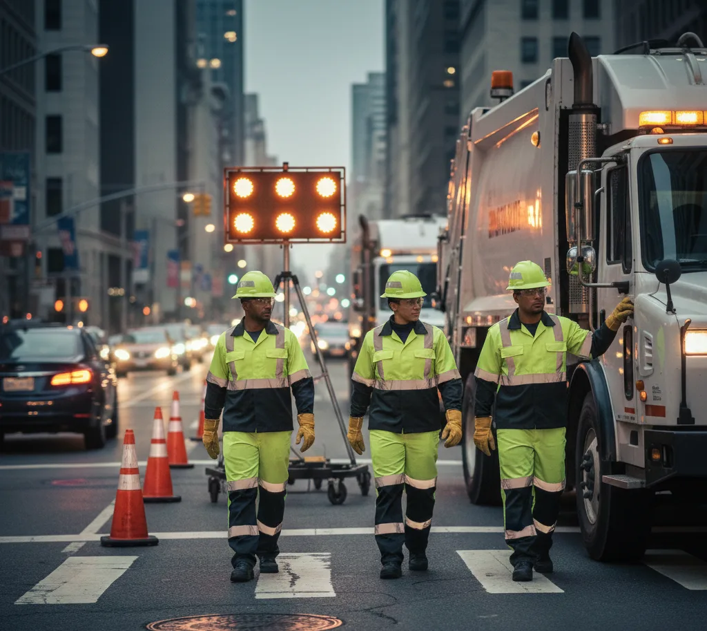 Municipal sanitation crew wearing ANSI-compliant reflective jackets and safety pants operating near traffic zones during roadside waste collection.