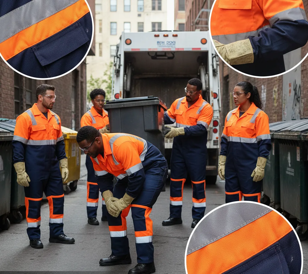 Sanitation workers in heavy-duty high-visibility uniforms lifting waste containers to demonstrate reinforced fabric construction and tear resistance.