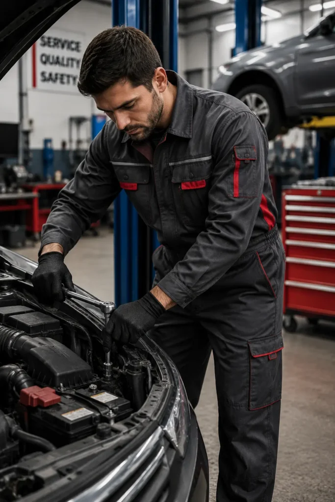 Automotive mechanic wearing durable coveralls while performing vehicle maintenance in a service workshop