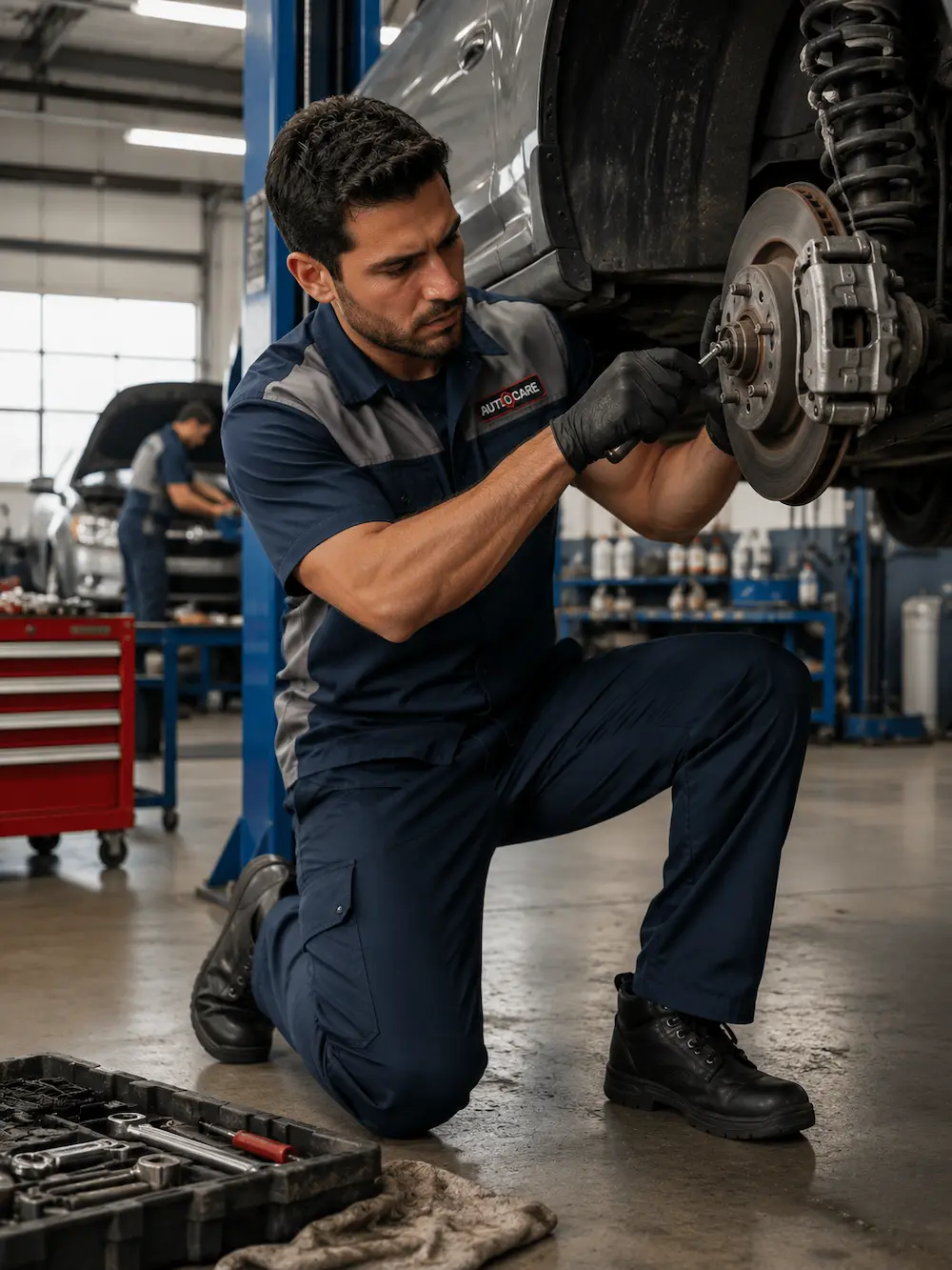 Automotive mechanic wearing a durable work uniform while performing brake repair in a service workshop