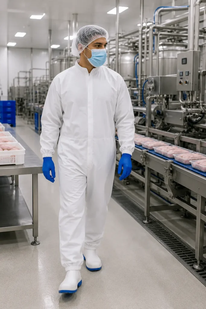 Food processing employee wearing a white food industry coverall in a HACCP-regulated manufacturing facility.