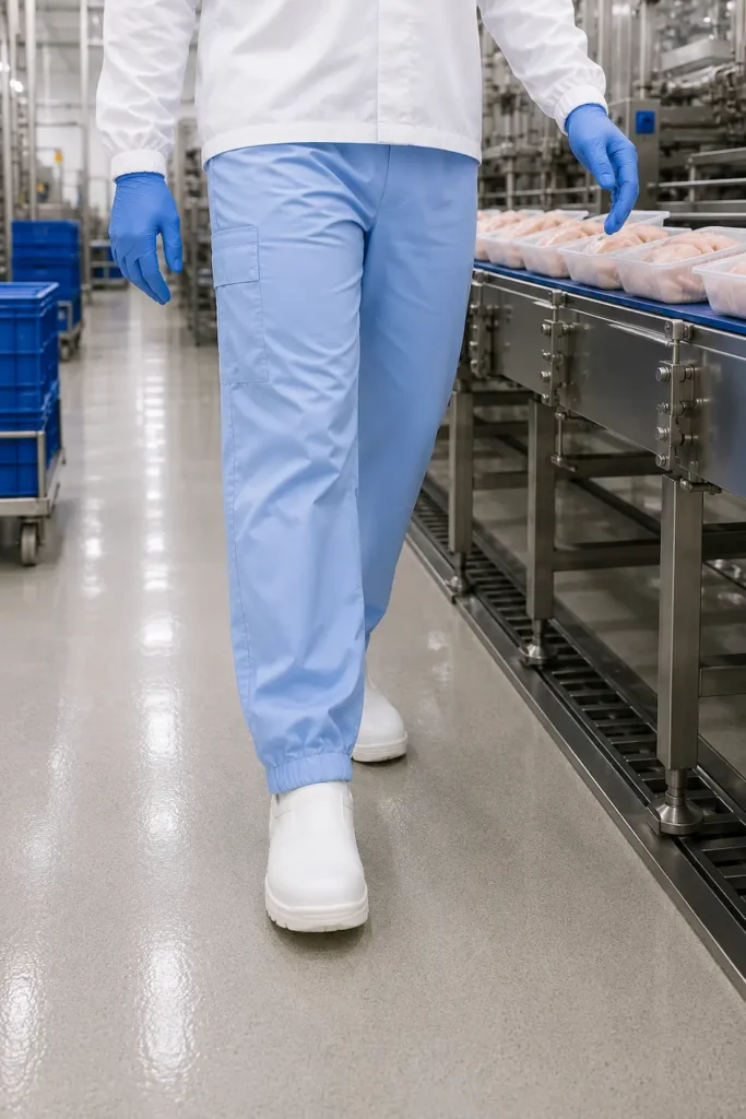 Food processing employee wearing light blue food processing pants inside a HACCP-regulated manufacturing facility.