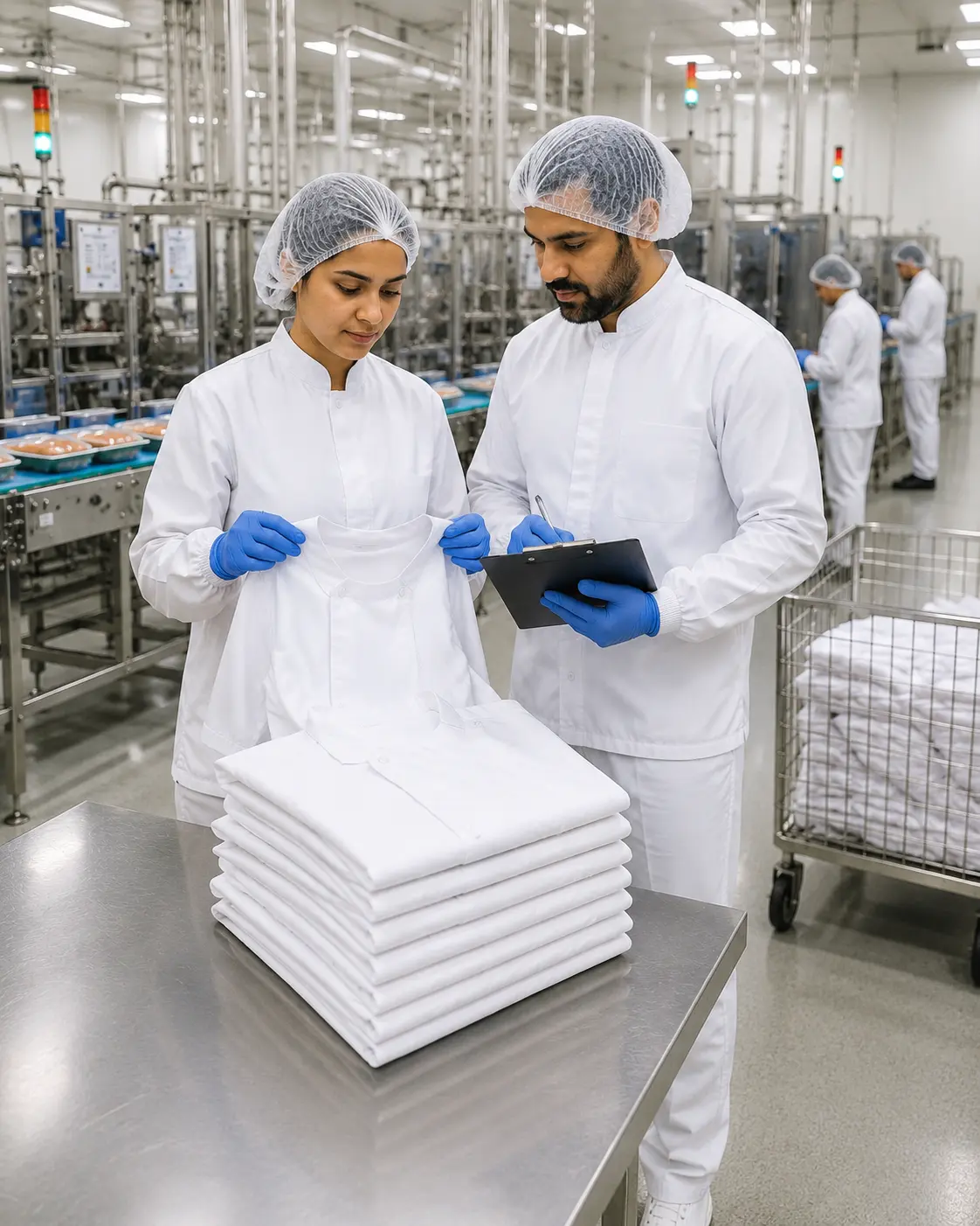Food processing employees inspecting freshly laundered HACCP uniforms inside a food manufacturing facility.