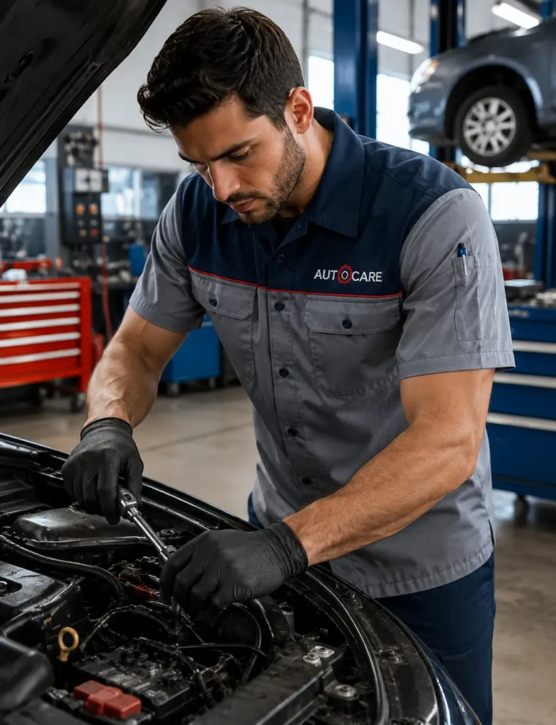 Automotive mechanic wearing a grease-resistant work shirt while repairing a vehicle engine in a service workshop