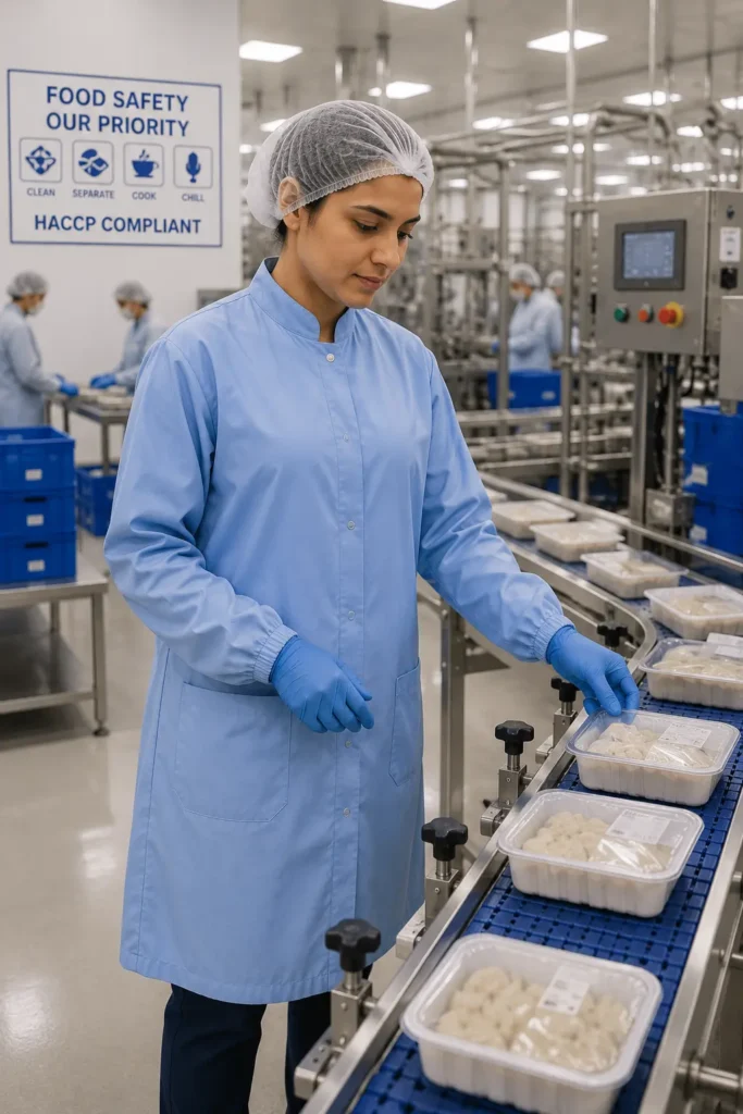 Food production employee wearing a light blue HACCP manufacturing smock while monitoring packaged products on a food processing line.