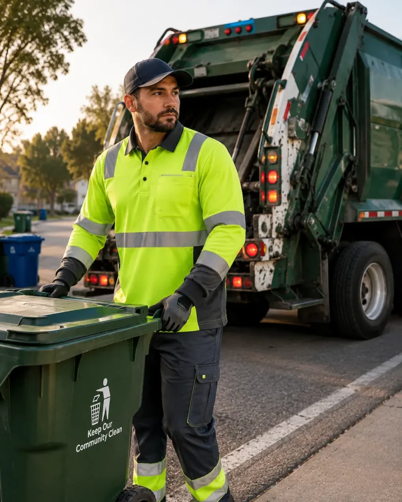 Sanitation worker wearing a high-visibility long-sleeve work shirt during municipal waste collection operations.