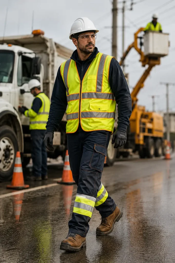Worker wearing high visibility work pants with reflective lower-leg bands in a roadside utility and transportation operations environment.