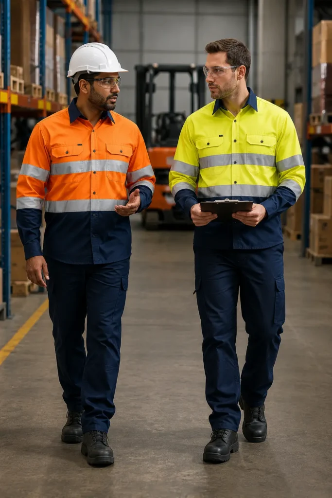 Workers wearing high visibility work shirts in a warehouse environment designed for logistics, construction, maintenance, and industrial operations.