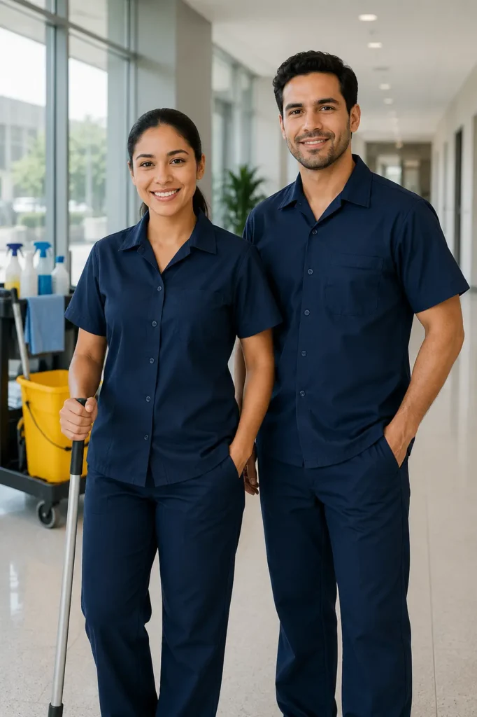 Commercial cleaning team members wearing industrial janitorial work shirts inside a modern facility environment.
