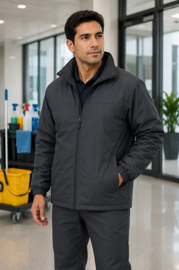 Commercial cleaning employee wearing an insulated sanitation jacket inside a facility services environment.