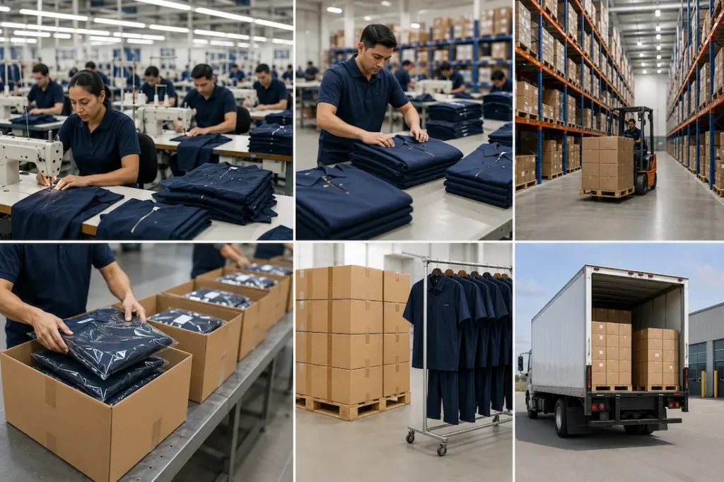 Janitorial uniforms being manufactured, packed, warehoused, and prepared for large-volume distribution across multiple facility locations.