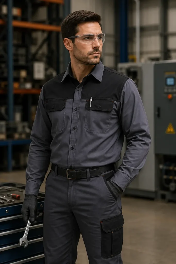 Maintenance technician wearing a durable work shirt while performing equipment inspection in an industrial facility.