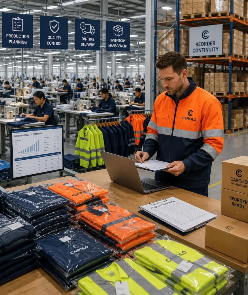 Production manager reviewing workwear orders in a garment manufacturing facility with inventory, packaged uniforms, production planning, and warehouse stock supporting long-term reorder continuity.