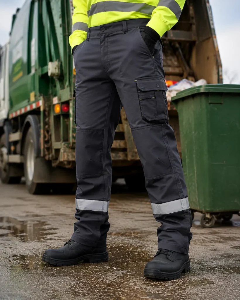 Worker wearing durable cargo work pants in a waste management collection environment with garbage truck and sanitation equipment.