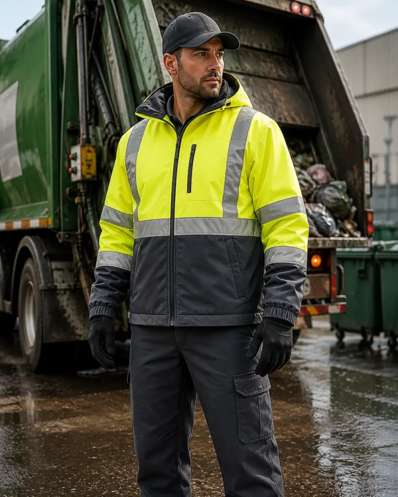 High visibility safety jacket used in waste management and sanitation operations