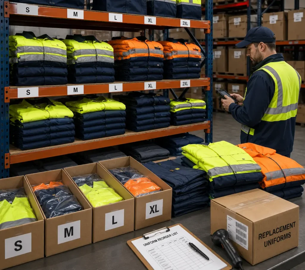 Organized waste management uniforms prepared for replacement and repeat order programs