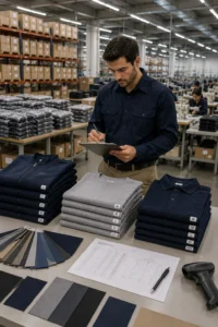 Bulk clothing manufacturer producing large-scale workforce apparel with factory-direct quality control and organized inventory management.