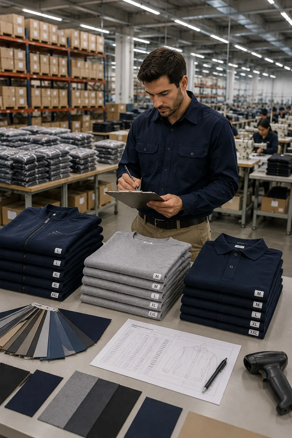 Bulk clothing manufacturer producing large-scale workforce apparel with factory-direct quality control and organized inventory management.