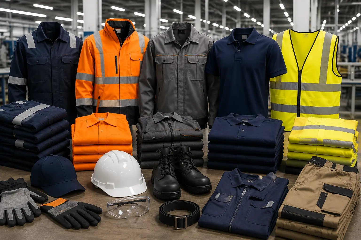 Industrial workwear product collection including flame resistant clothing, high visibility workwear, warehouse uniforms, maintenance apparel, food processing uniforms, and industrial work shirts manufactured by Carcilo.