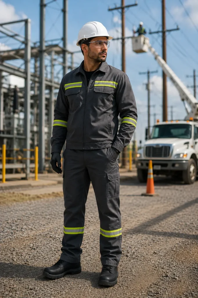 Construction and utility professional wearing industrial workwear at an active infrastructure project.