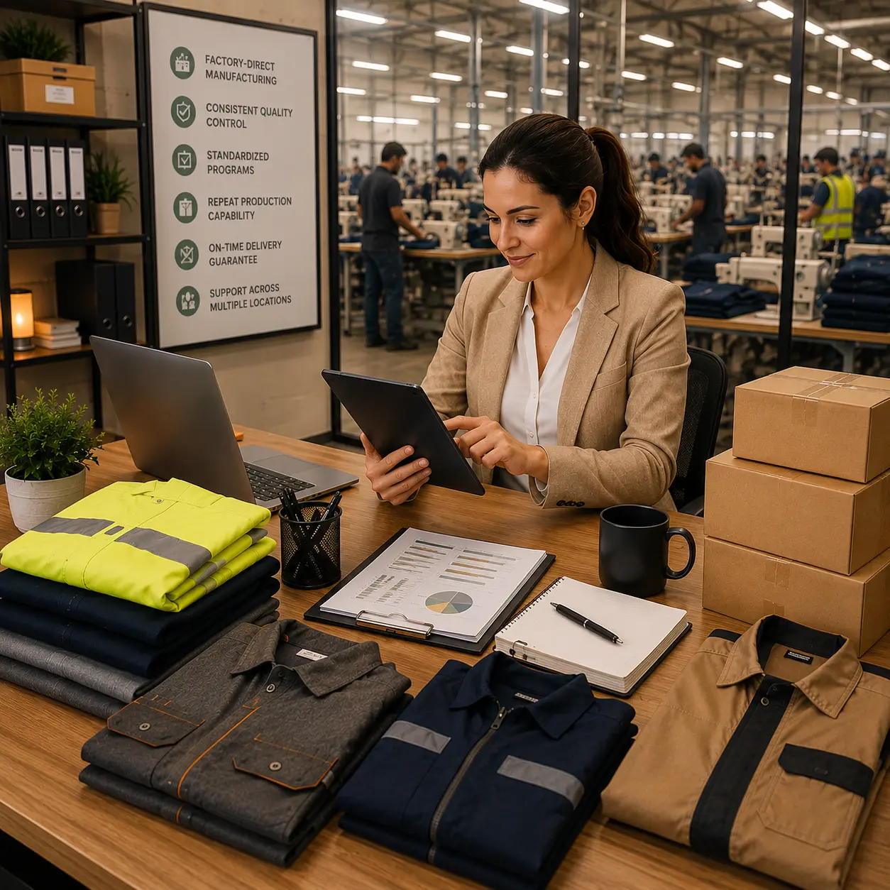 Procurement specialist managing factory-direct industrial workwear production with organized workforce apparel planning inside a modern garment manufacturing facility.