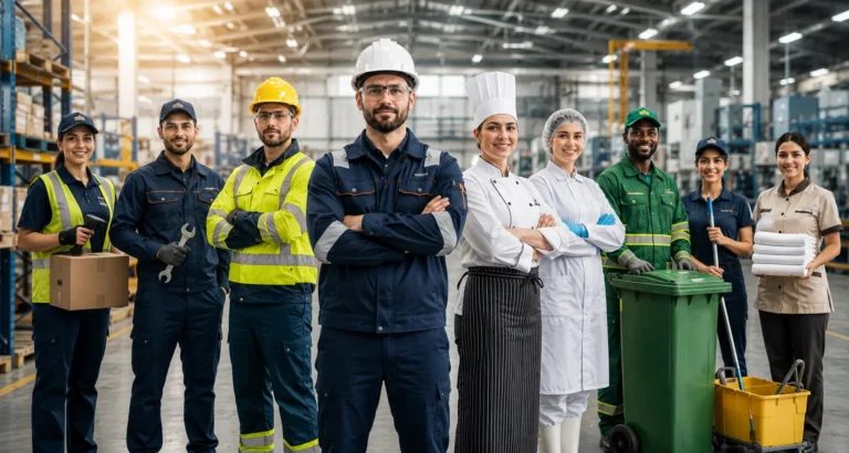 Team of employees in role-specific uniforms across warehouse, industrial, food service and facility roles