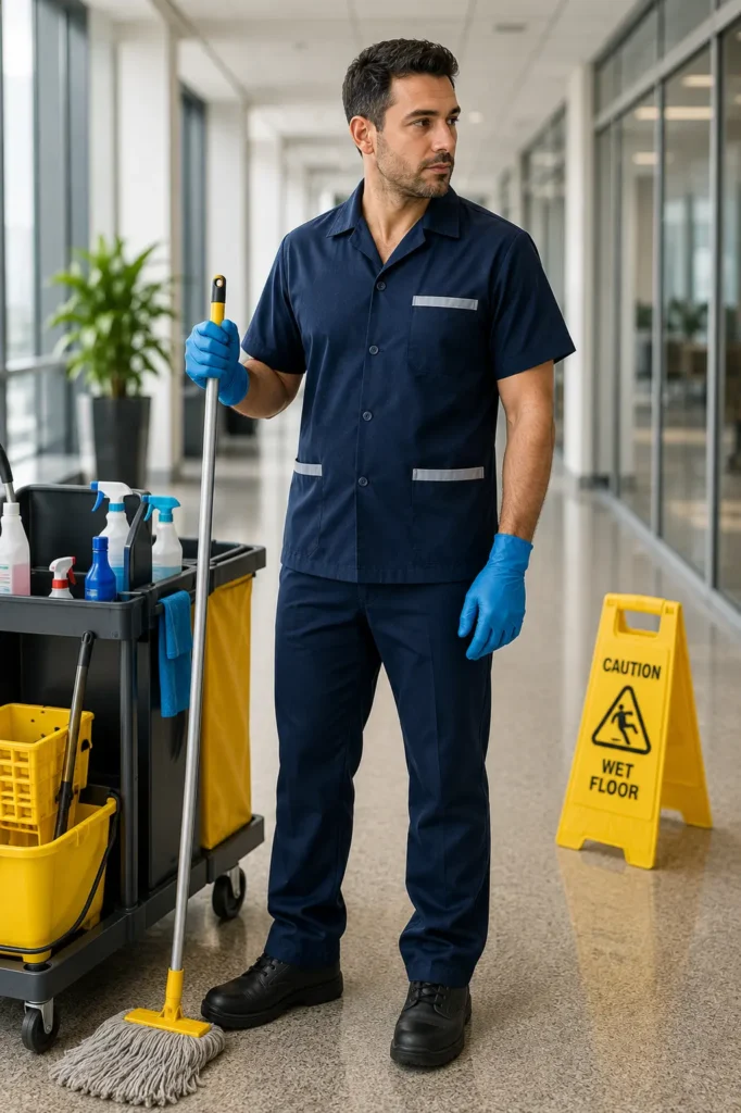Professional janitorial staff wearing durable cleaning uniforms inside a modern commercial facility.