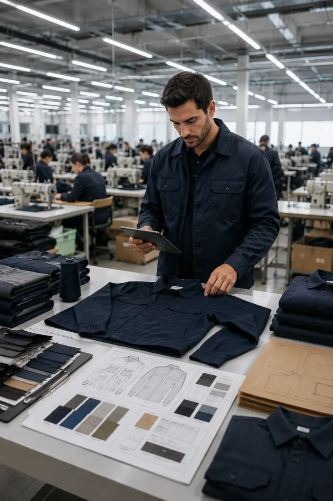 OEM apparel manufacturing specialist managing custom workwear production inside a modern factory-direct garment manufacturing facility.