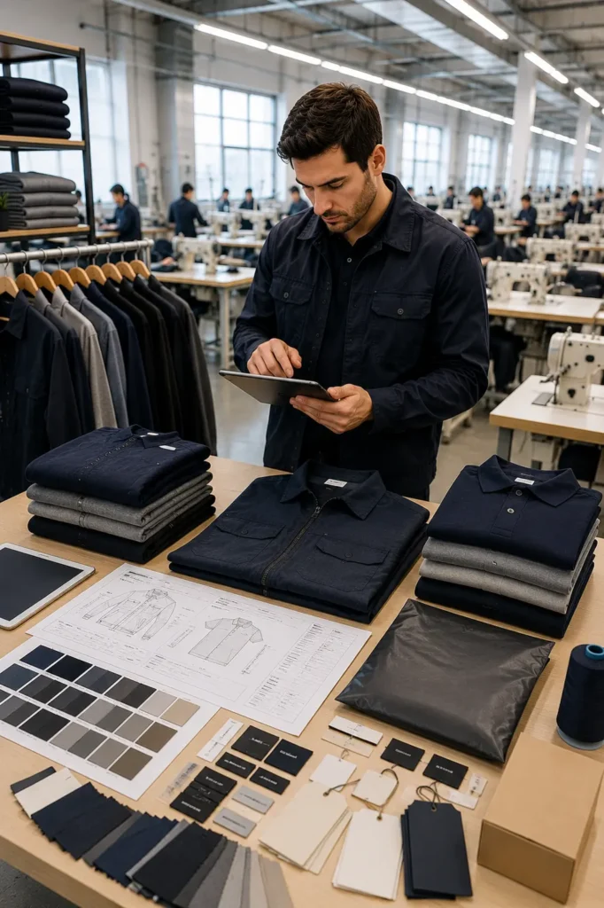 Private label apparel manufacturing with custom garment development, fabric selection, labeling, packaging, and factory-direct production.