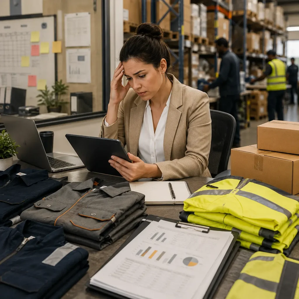 Procurement manager reviewing industrial workwear inventory and production planning inside a modern warehouse while managing workforce apparel procurement challenges.